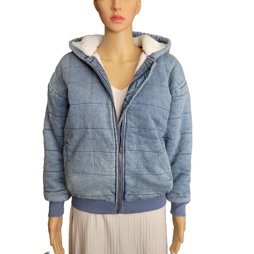XS Aerie Jean Patchwork Zip Hooded Jacket With Shearling Lining